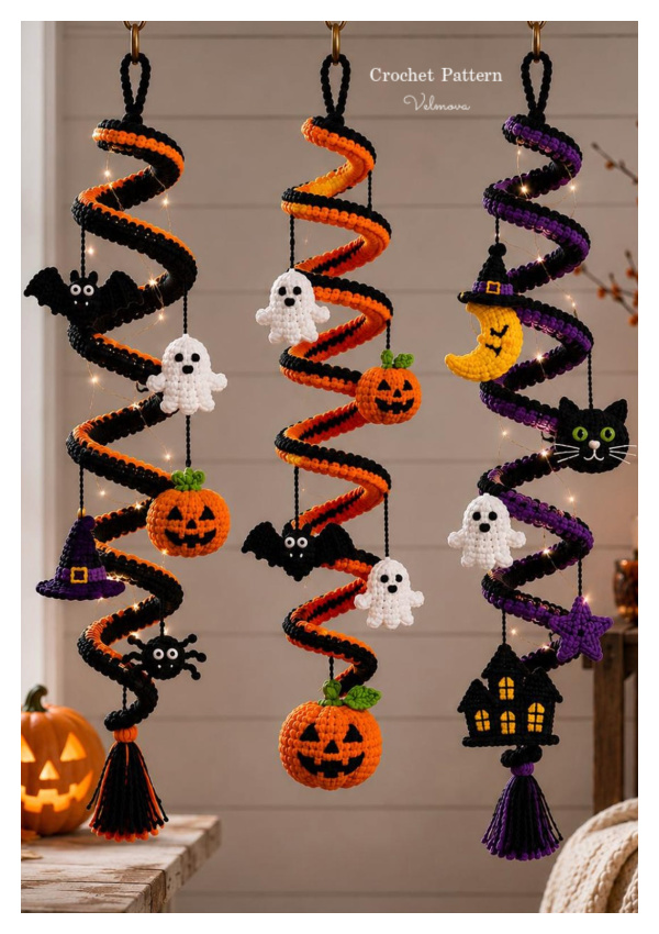 Ghost Pumpkin Bat Witch Hanging Decor Halloween Spiral Spinner Crochet Pattern