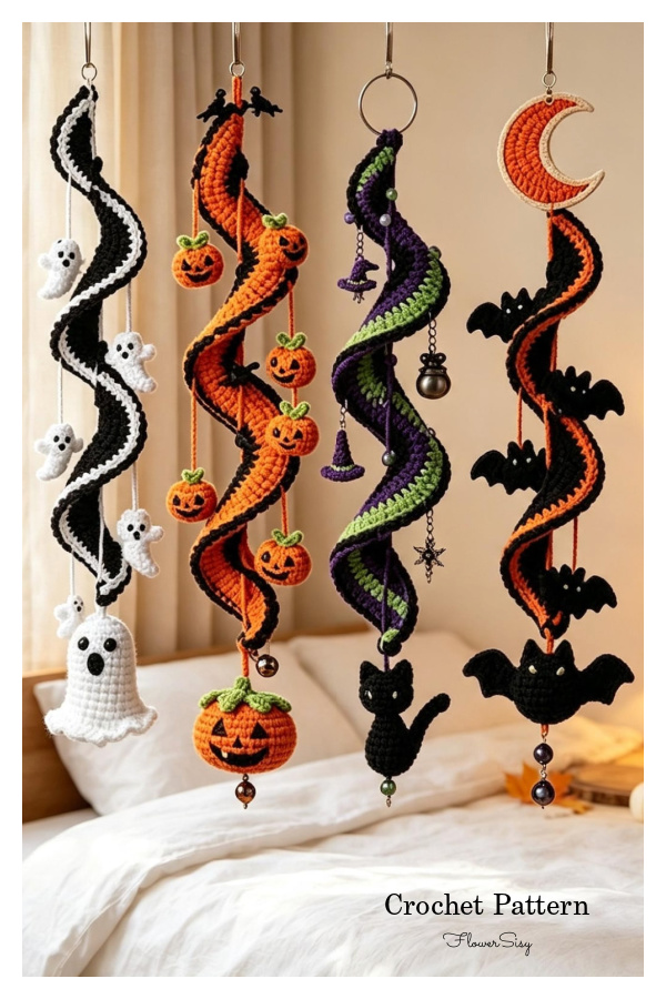 4 in 1 Halloween Spiral Wind Chime Ornament Crochet Pattern