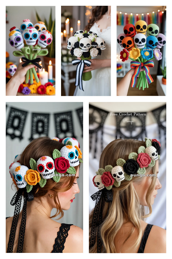 Sugar Skull Flower Headband and Flower Bouquet Free Crochet Patterns